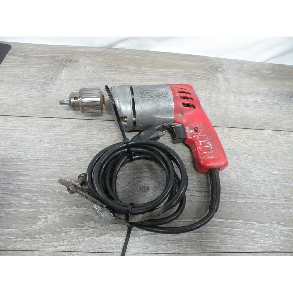Vintage Milwaukee Corded Electric Drill with Chuck Key Red Silver Pistol Grip
